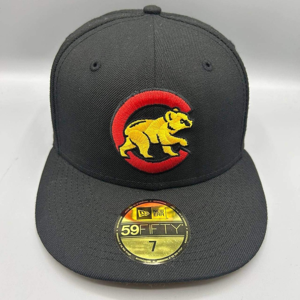 Chicago Cubs Hat Men 7 Black Yellow 59Fifty New Era Fitted Cap Wool